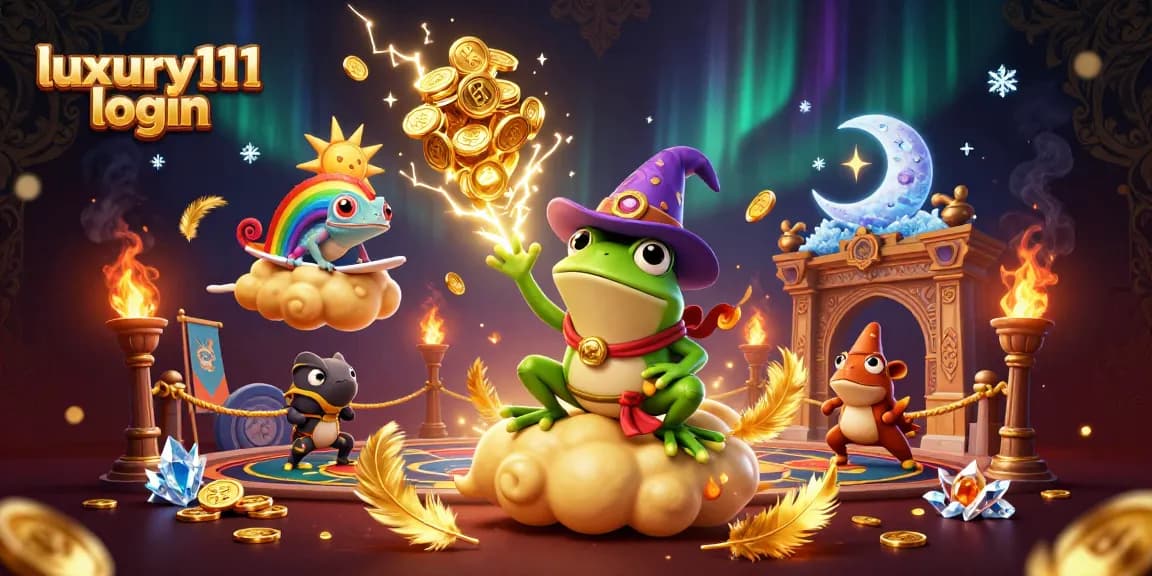 Experience the excitement of luxury111 login with a dynamic scene featuring a weather wizard frog and charming chameleon in a casino-inspired atmosphere.