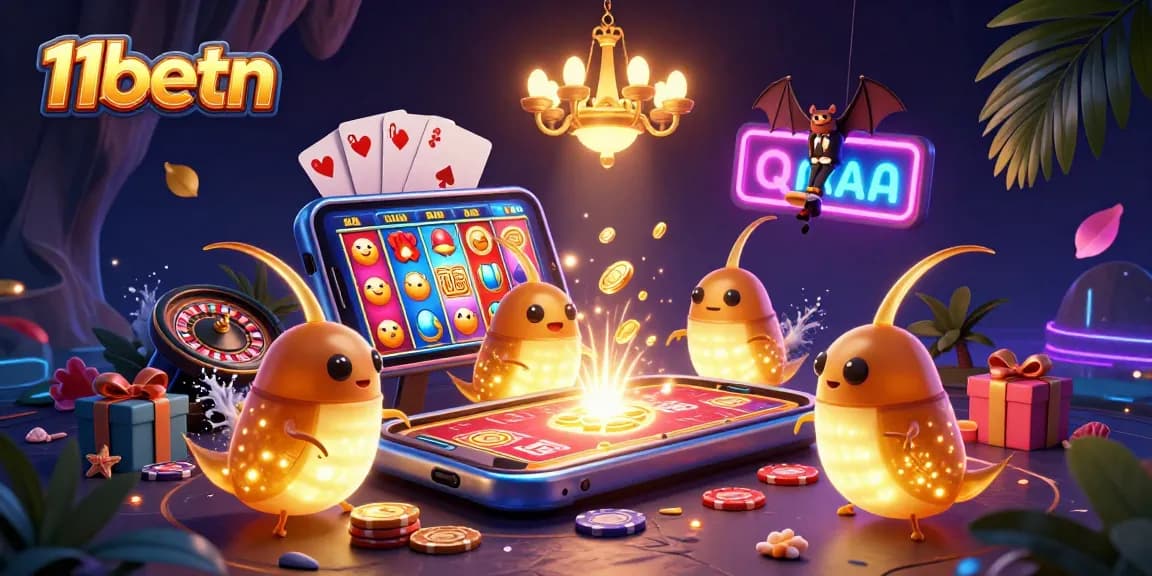 Experience the thrill of 11betn in a vibrant cave casino with glowing characters and exciting games.