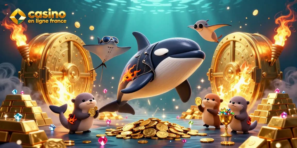Jouez et gagnez au casino en ligne France avec une illustration 3D amusante de créatures marines et de trésor.