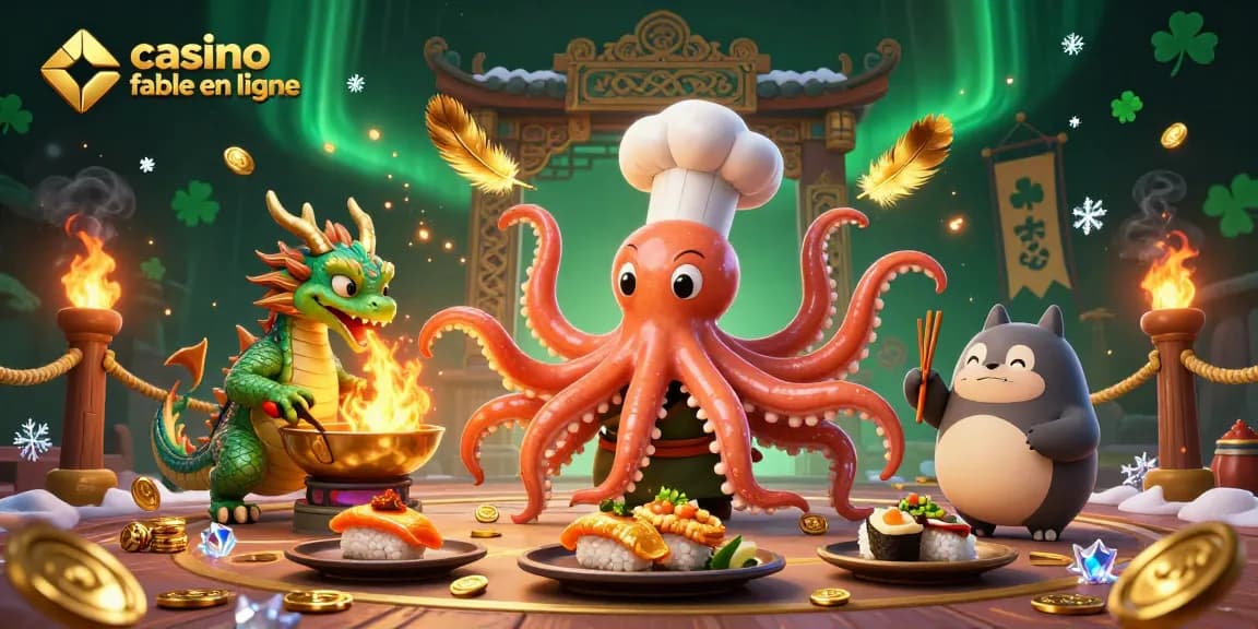 Jouez sur un casino fiable en ligne tout en découvrant une scène dynamique et colorée avec un chef sushi, un dragon, et un client tanuki.