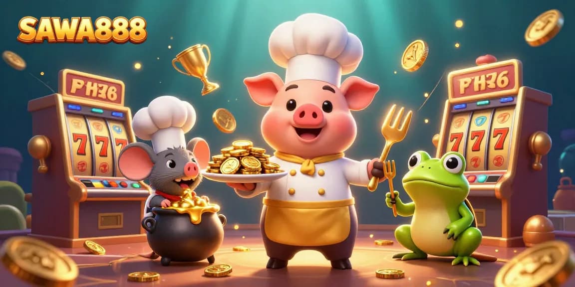 SAWA888: A vibrant 3D cartoon scene showcasing a chef pig serving gold coins among lively slot games.