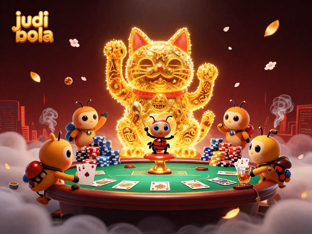 Engage in judi bola with vibrant betting action as a lucky cat and conductor beetle celebrate casino wins.