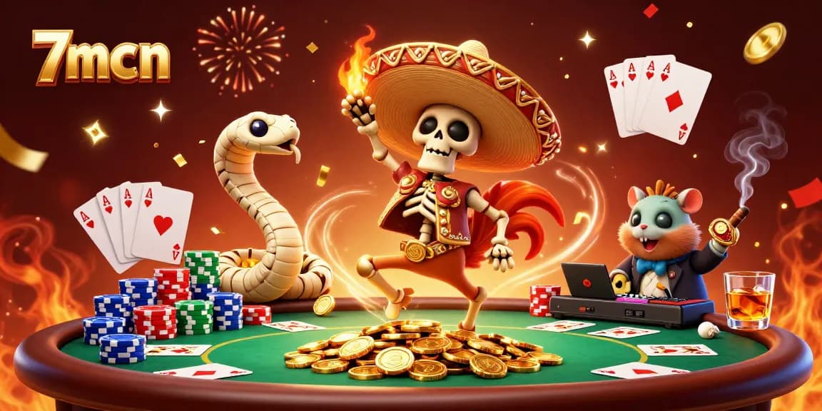 Experience thrilling betting action with 7mcn's colorful casino scene filled with vibrant characters.