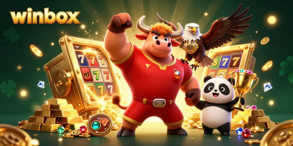 Celebrate big wins at winbox with dynamic 3D characters amidst slot machines and treasure elements.
