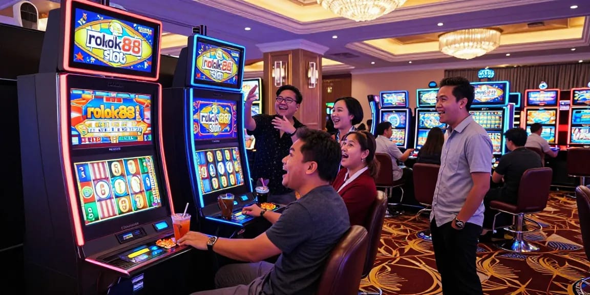 Friends celebrating their win at the rokok88 slot machine in a lively casino.