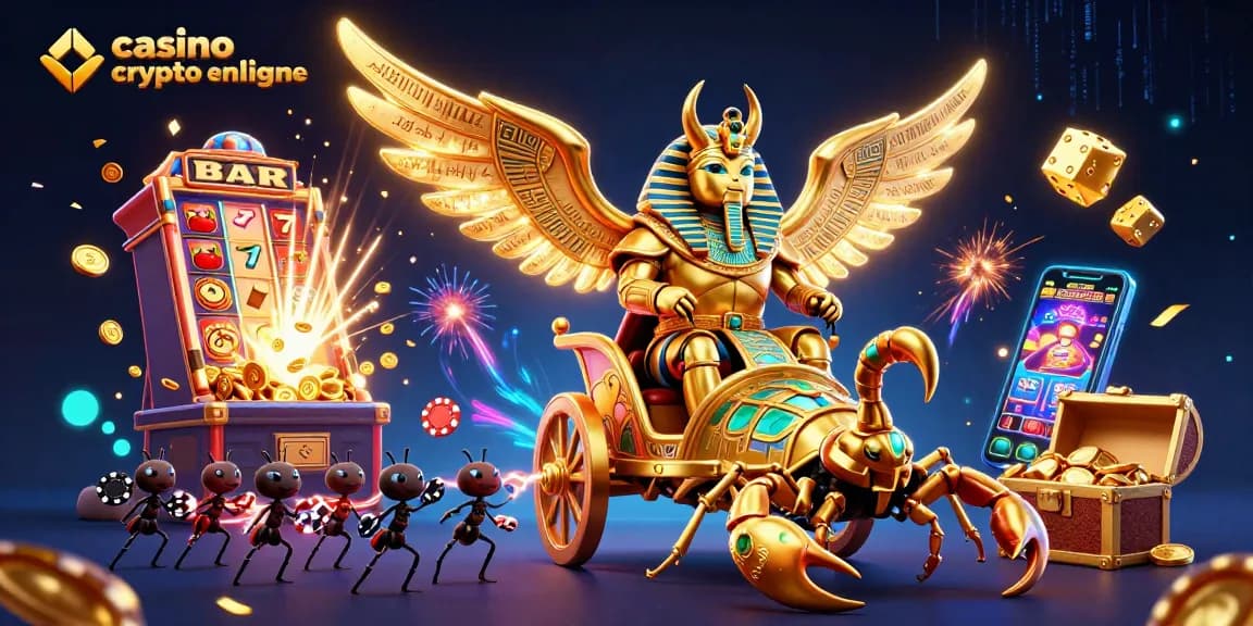 Gagnez facilement sur un casino crypto en ligne avec une scène dynamique et colorée illustrant des personnages et jeux captivants.