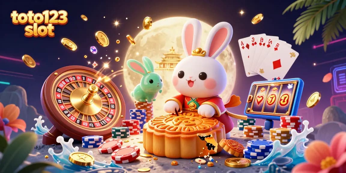 Toto123 slot scene highlighting a cartoon moon rabbit and a jade companion surrounded by vibrant casino elements.