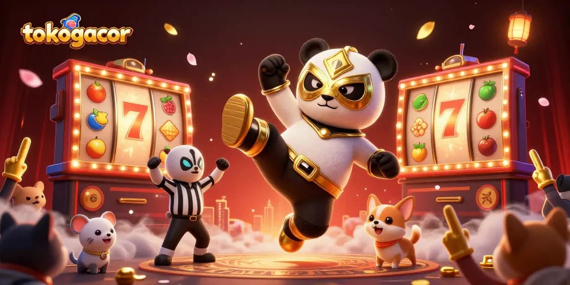 tokogacor menghadirkan suasana kasino dengan panda pejuang yang melompat dan simbol slot yang cerah