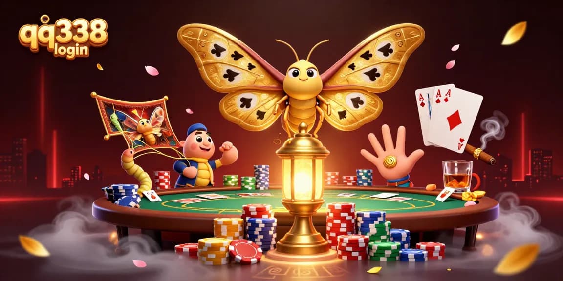 Experience the excitement of qq338 login with this illustration showcasing vibrant casino elements and a golden moth.