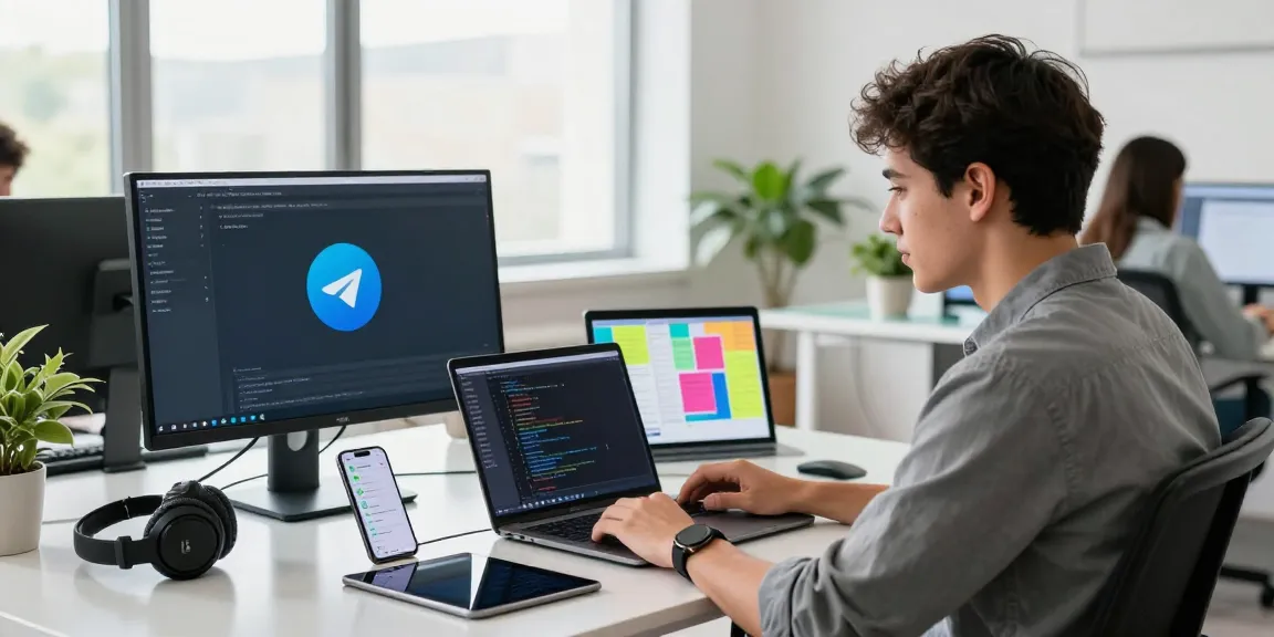 Developer using 纸飞机中文版 on sleek desk in modern workspace with tech gadgets.