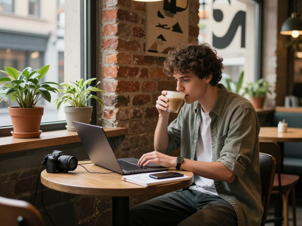 Person enjoying rokok88 gaming while sipping coffee in a trendy cafe