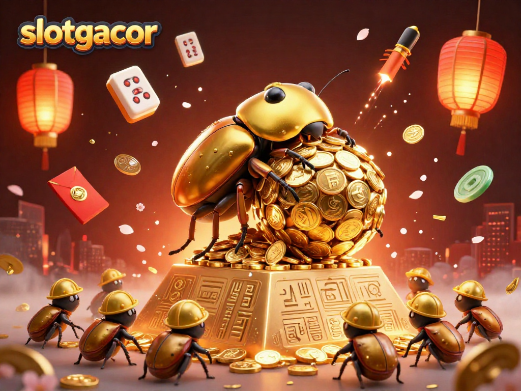 Engage with vibrant slotgacor visuals showing a golden beetle rolling coins amidst festive casino symbols.