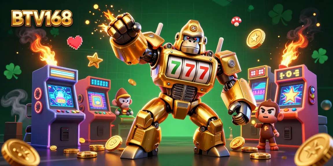 BTV168 showcases a vibrant 3D gorilla mech amidst arcade games, embodying the excitement of casino action.