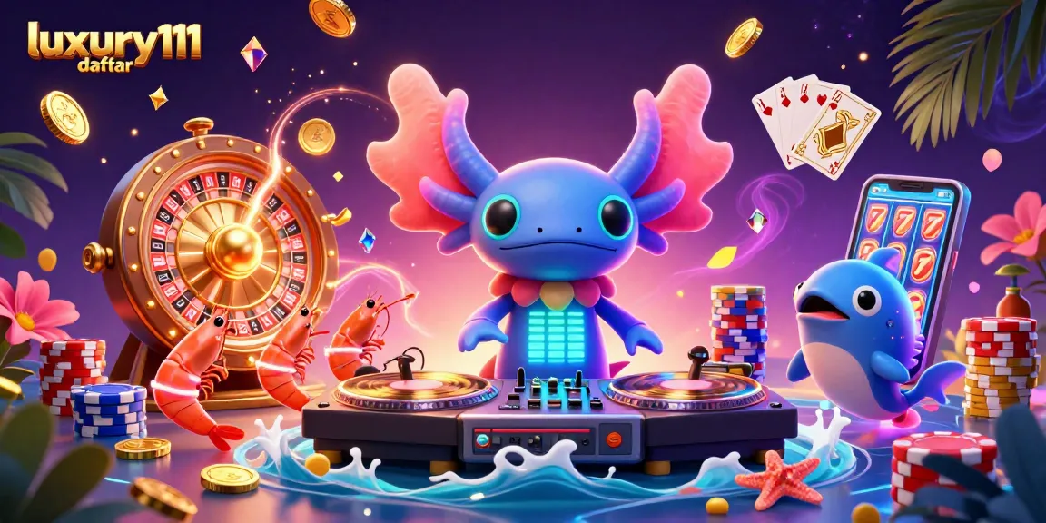 Experience the magic of luxury111 daftar with a vibrant casino scene featuring a 3D axolotl DJ and animated sea creatures.