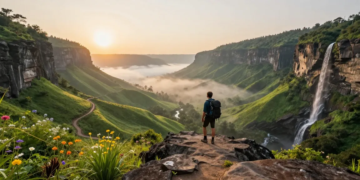 Netravati trek scenic view with a hiker overlooking valleys, travel adventure, destination guide, tourism.