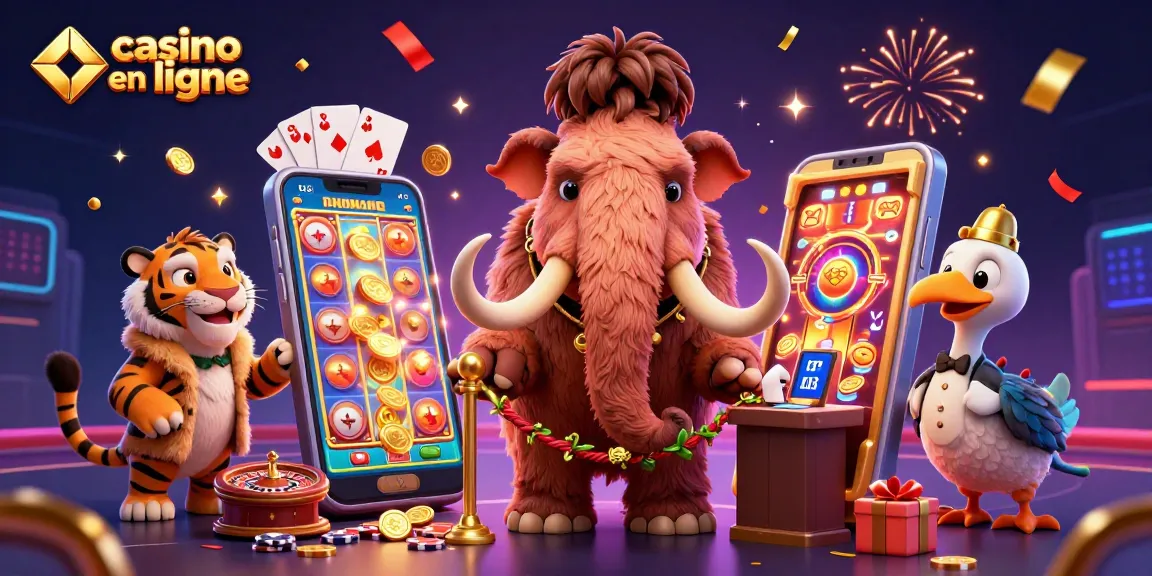 Casino en ligne avec un gardien mammouth et un VIP à dents de sabre, entourés de jeux et jetons.