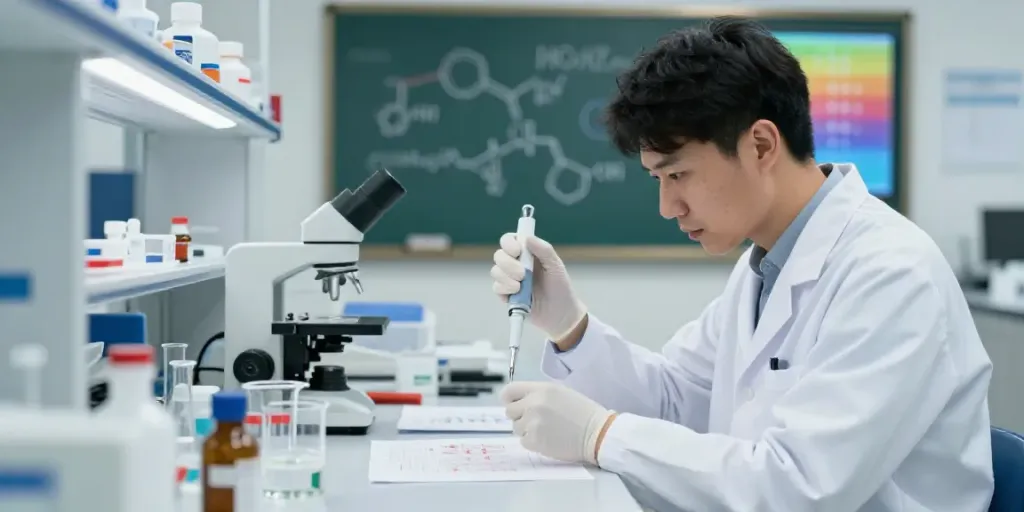 Researcher at SwissChems lab analyzing peptide samples for quality control.