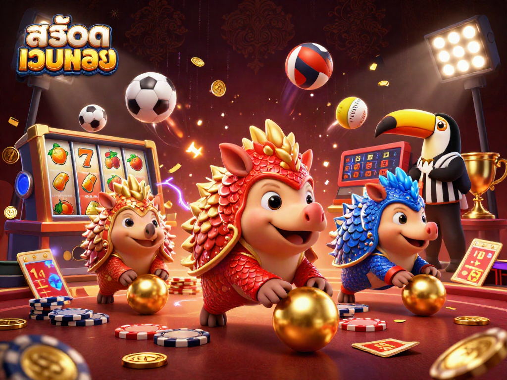 Engage with สล็อตเว็บตรง in a vibrant 3D cartoon scene featuring competitive pangolins and exciting game elements.