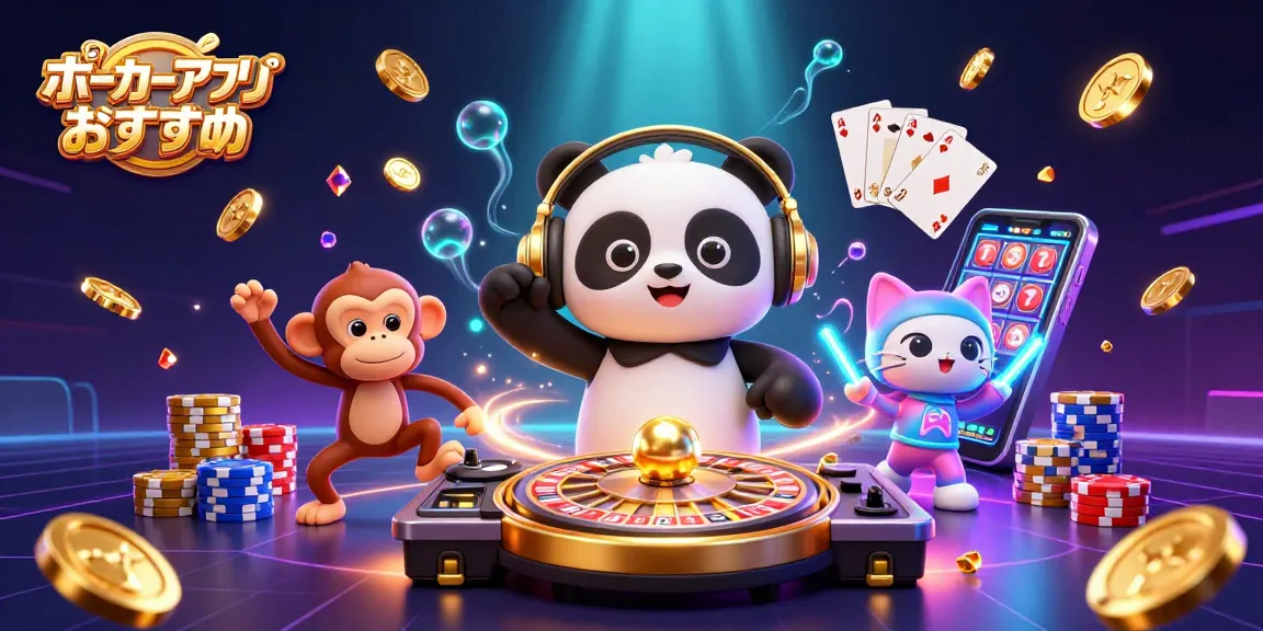 ポーカー アプリ おすすめのシーンで楽しむカートゥーン風のDJパンダと仲間たちの素晴らしいイラスト。