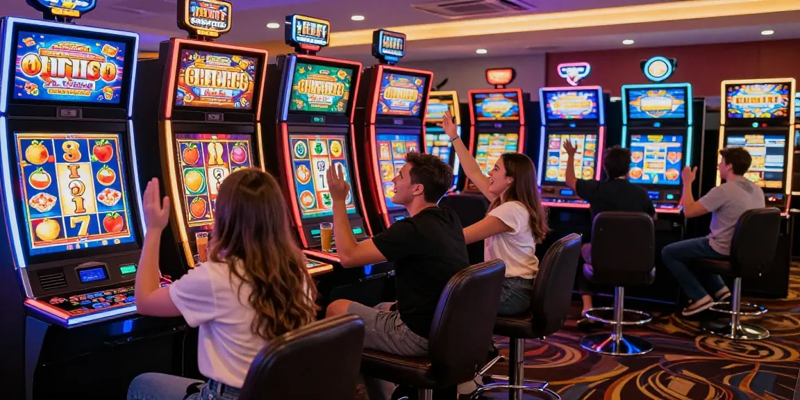 Permainan slot yang seru dengan pemain beragam merayakan kemenangan di kasino.