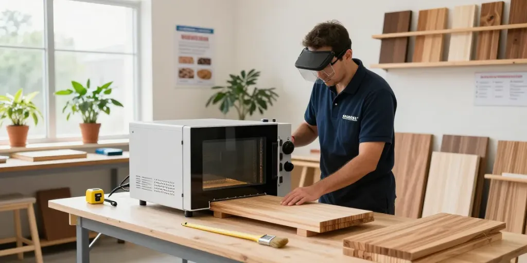 SHASHEL® microwave treatment device effectively eliminating wood pests in a modern workshop environment.