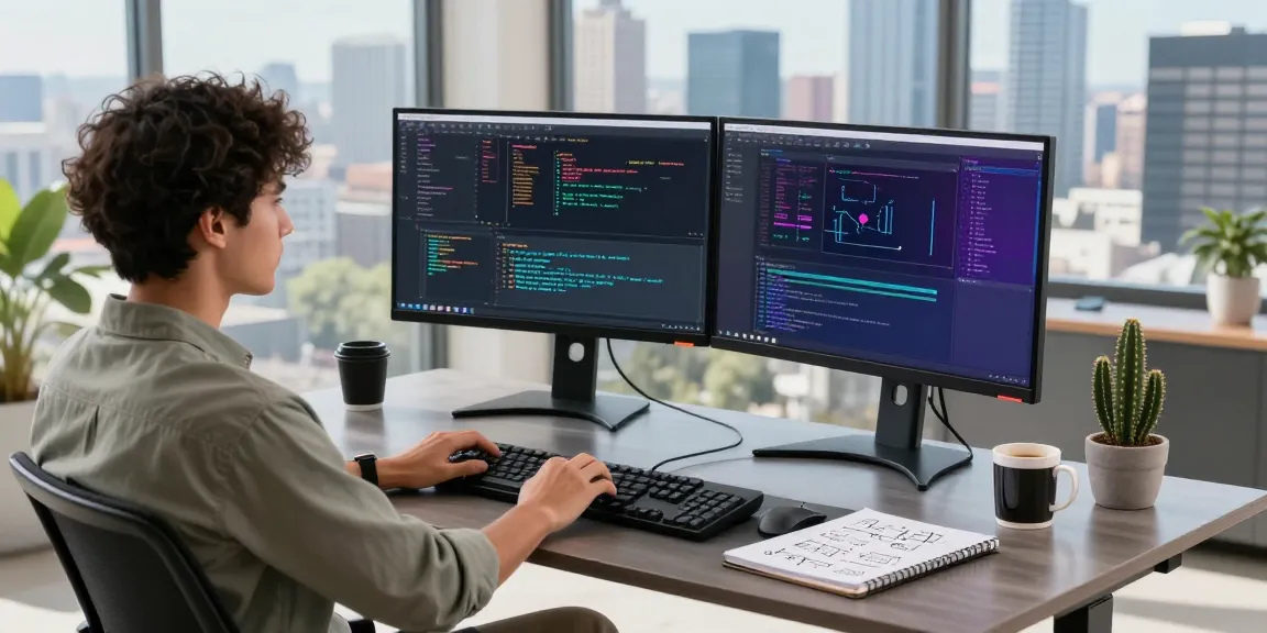 Dynamic tech workspace showcasing software development with kecak4d coding on multiple screens.
