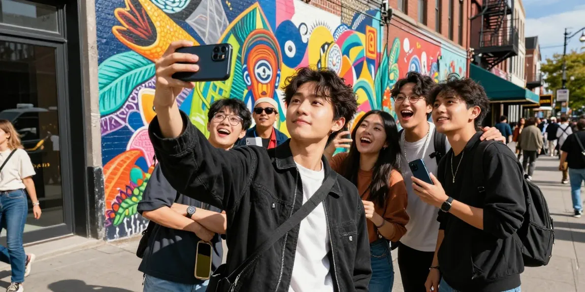 Young adult discovering their celebrity look alike with friends in an urban setting.