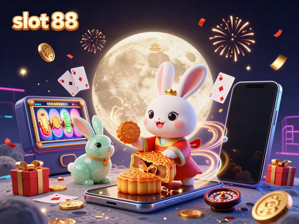 Engage with slot 88 in a vibrant 3D illustrated scene filled with moon rabbits, casino elements, and festive effects.