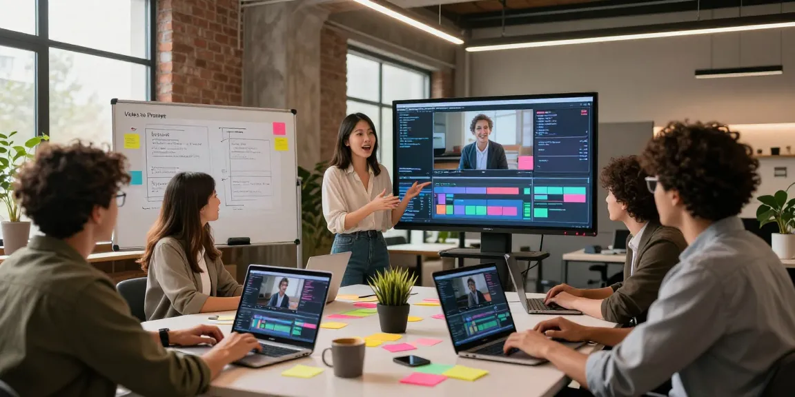 Video to prompt team collaborating in a modern workspace, showcasing creativity in AI video generation.