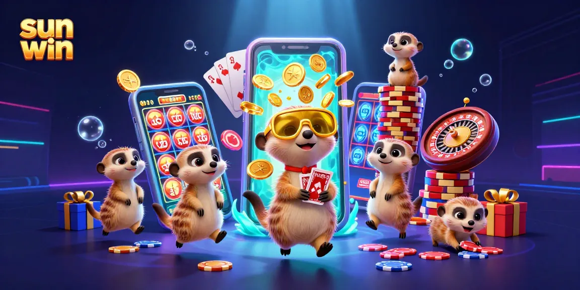 Engage with sun win at this vibrant casino scene featuring meerkats managing games and sneaking chips.