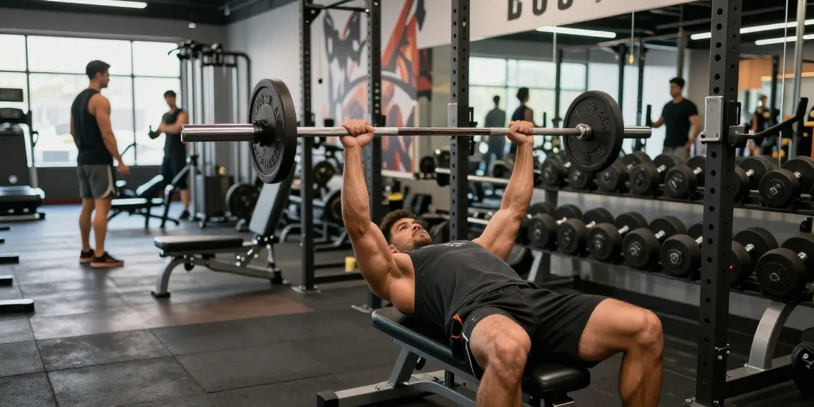 Astera Steroids Shop fitness scene showcasing a dedicated athlete bench pressing weights in a modern gym.