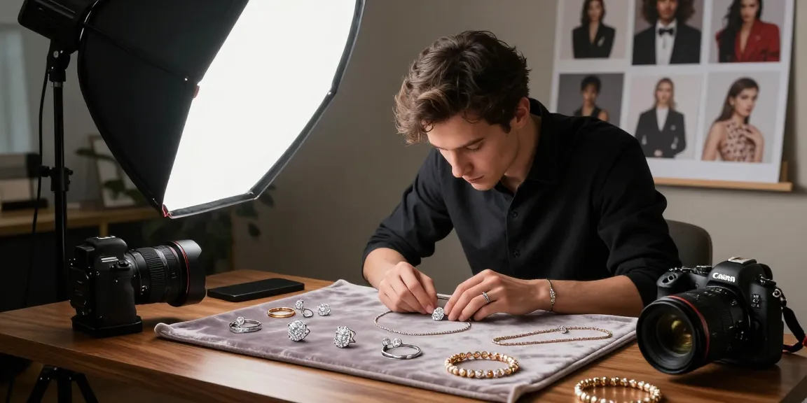 Fotografo gioielli Milano nel suo studio, mentre sistema gioielli su un fondo di velluto.