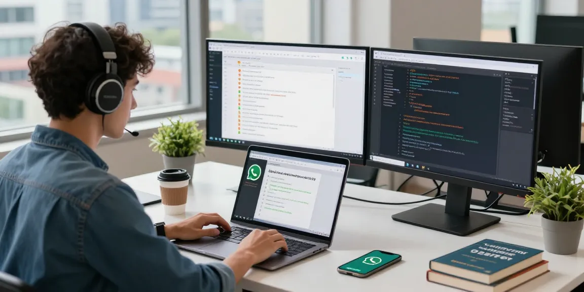 Engaging with WhatsApp網頁版 in a modern workspace with dual monitors and cityscape lighting.