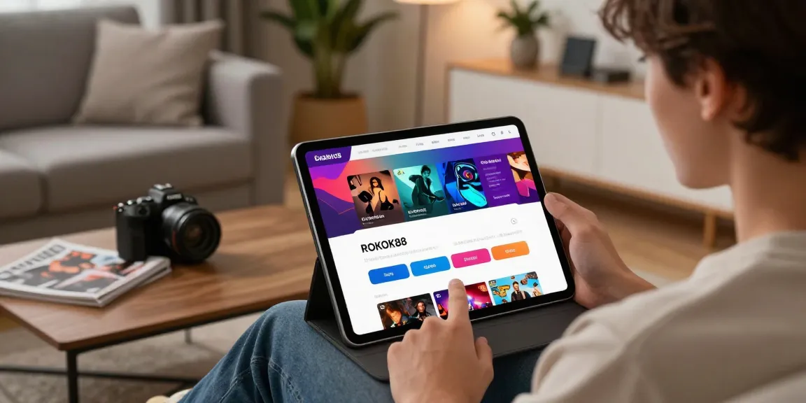 User engaging in the ROKOK88 login process on a sleek tablet within a modern living room, highlighting an immersive entertainment experience.