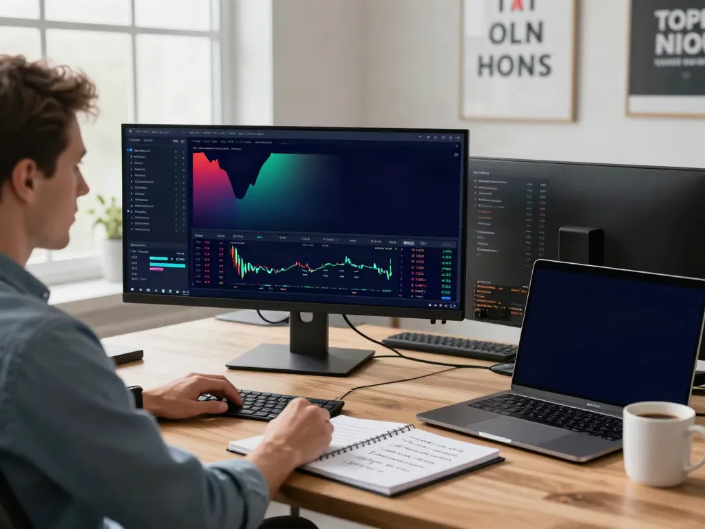 Trader using TradingView on multiple screens in a modern office setting
