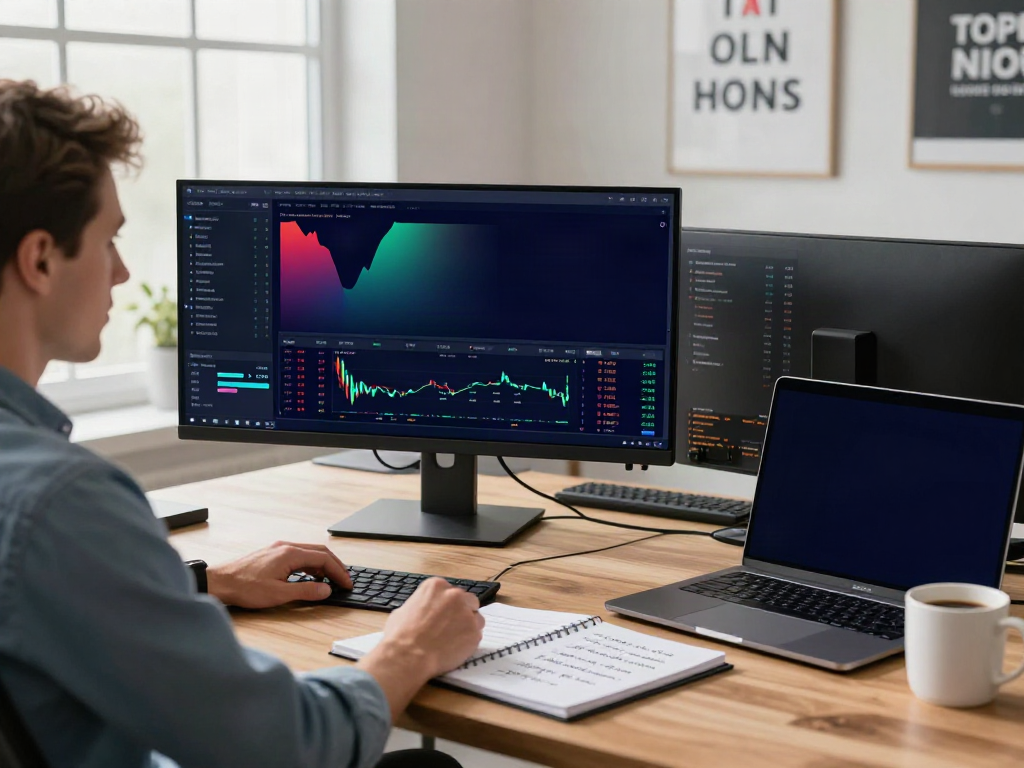 Trader using TradingView on multiple screens in a modern office setting