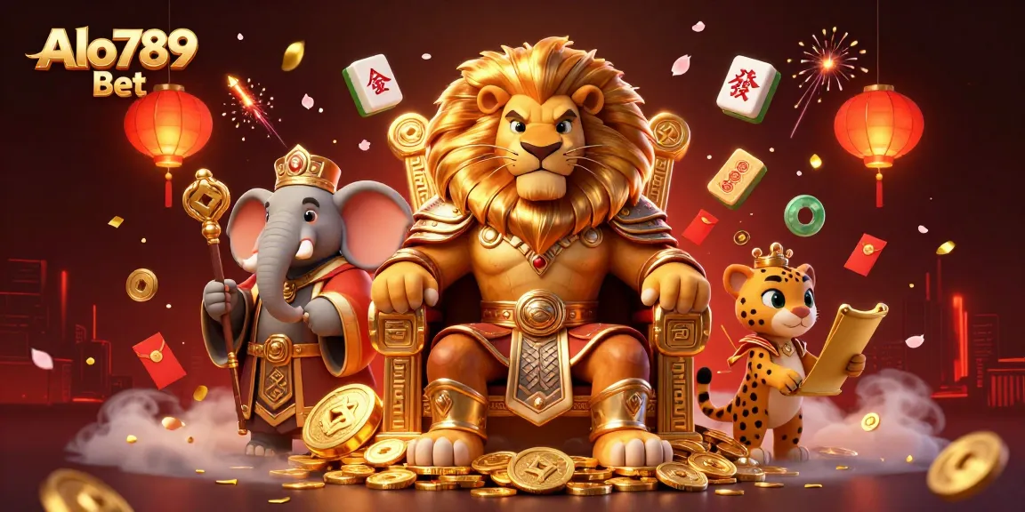 Alo789 Bet showcases a fierce lion king and wise advisor in a vibrant gambling scene with dynamic elements.