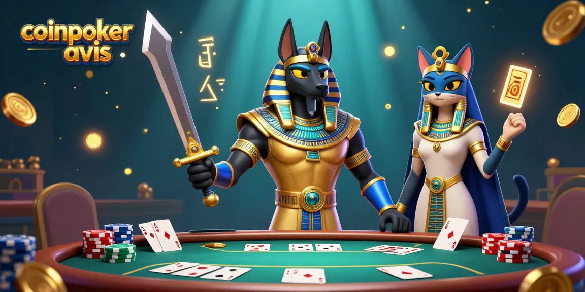 coinpoker avis présente une scène dynamique de jeux avec Anubis et Bastet entourés d'éléments de poker et de casino.