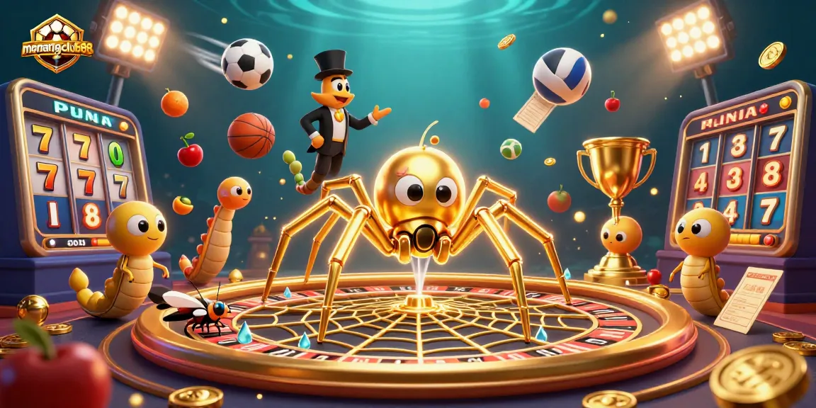 Experience winning fun with menangclub88, where a golden spider spins a roulette wheel web in an exciting gaming scene.