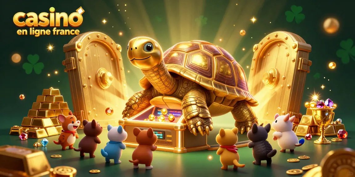 Découvrez l'animation casino en ligne France avec des personnages amusants jouant autour d'une tortue en or