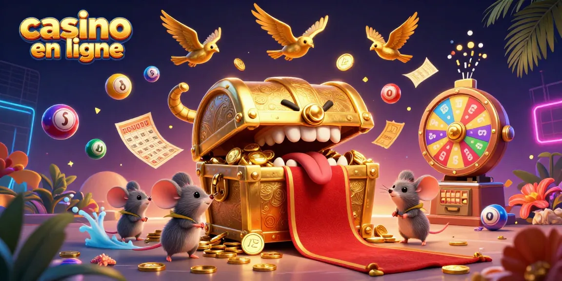 Jouez au casino en ligne avec une scène colorée de jeux et de richesses.
