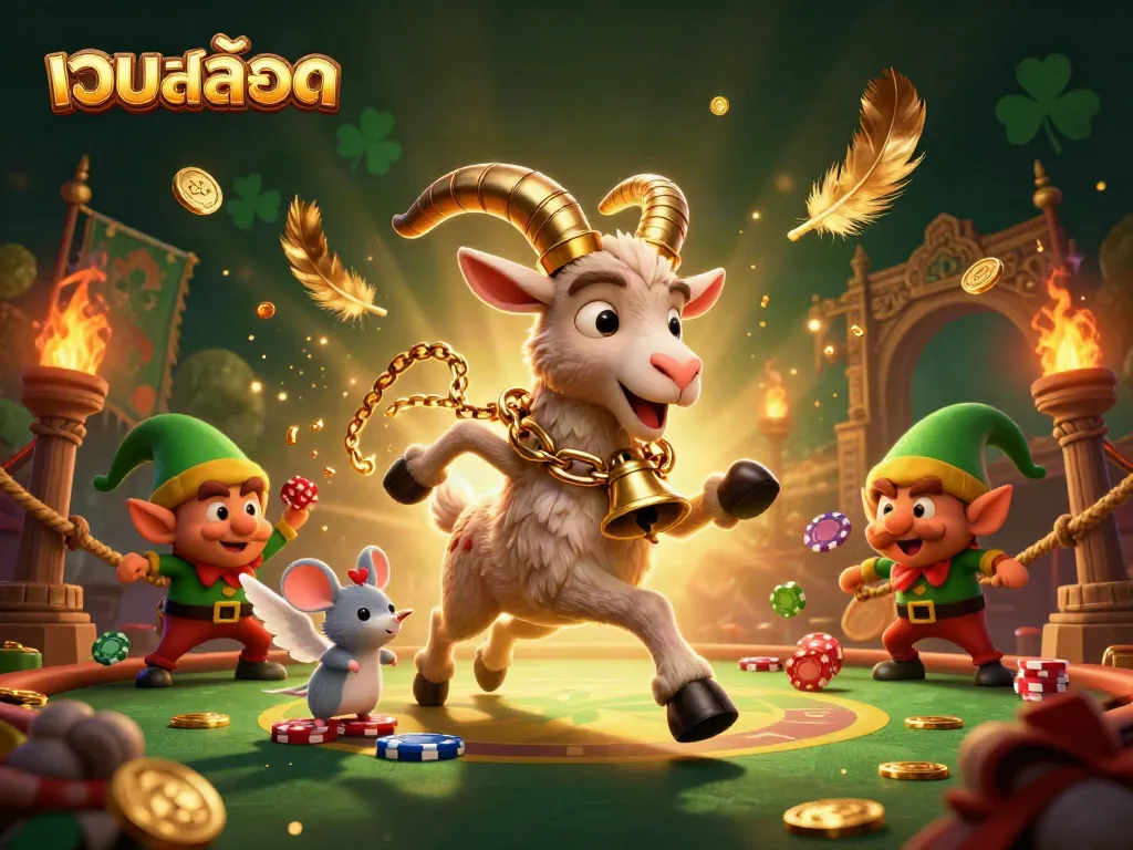 Engage with เว็บสล็อต in a vibrant scene of holiday-horror casino fun, featuring Krampus goat and mischievous elves.