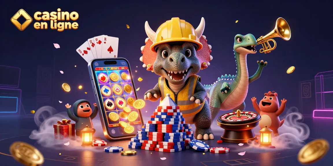Casino en ligne : triceratops et parasaurolophus célèbrent avec des jetons de poker et des jeux colorés.