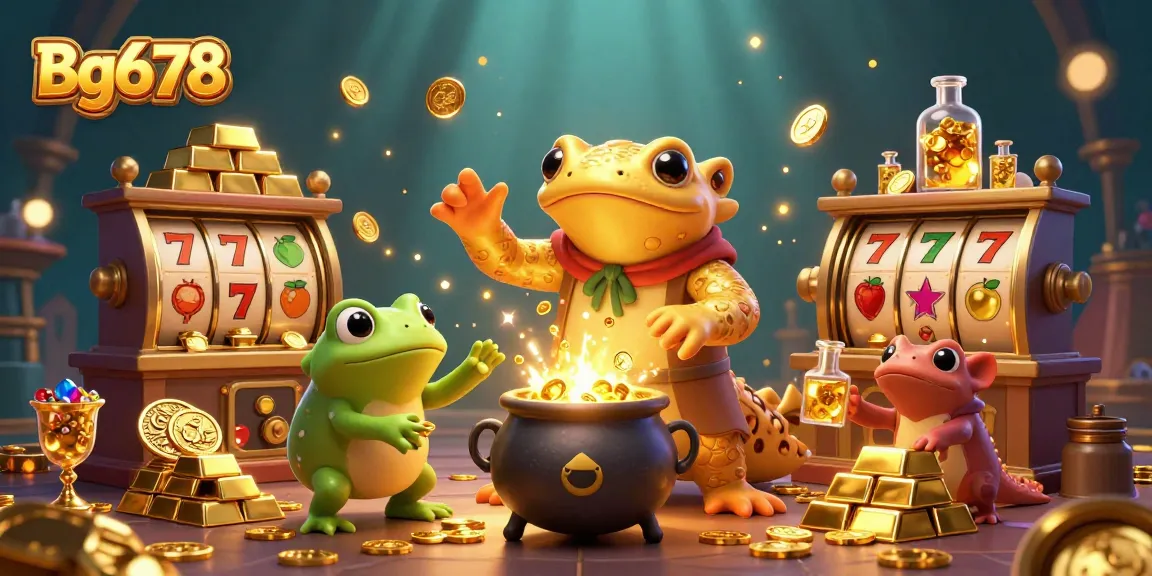 Engage with Bg678 in this vibrant gaming scene showcasing slot elements and gold treasures.