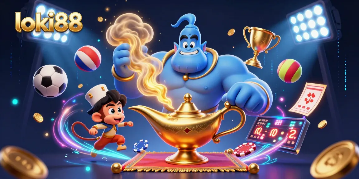 Engage in gambling adventures with loki88 as a magical genie bursts from a lamp amidst vibrant casino elements.