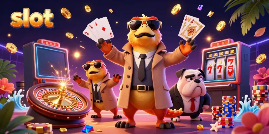Engage with slots and jackpot excitement in a colorful 3D casino scene.