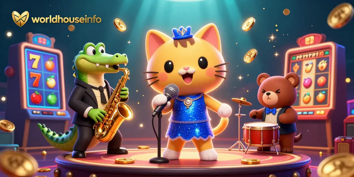Experience the vibrant worldhouseinfo casino scene featuring a singing cat, a crocodile, and a drum-playing bear.