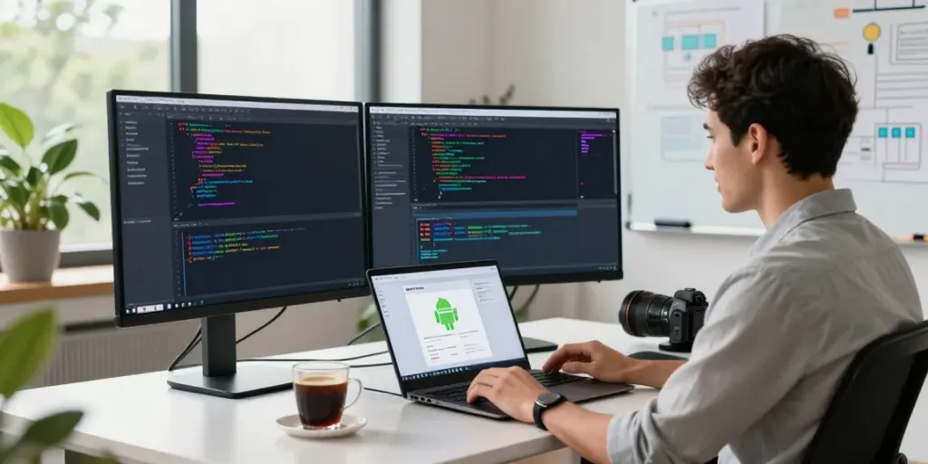 Developer at modern workspace programming Android apps on h5.2113.net.