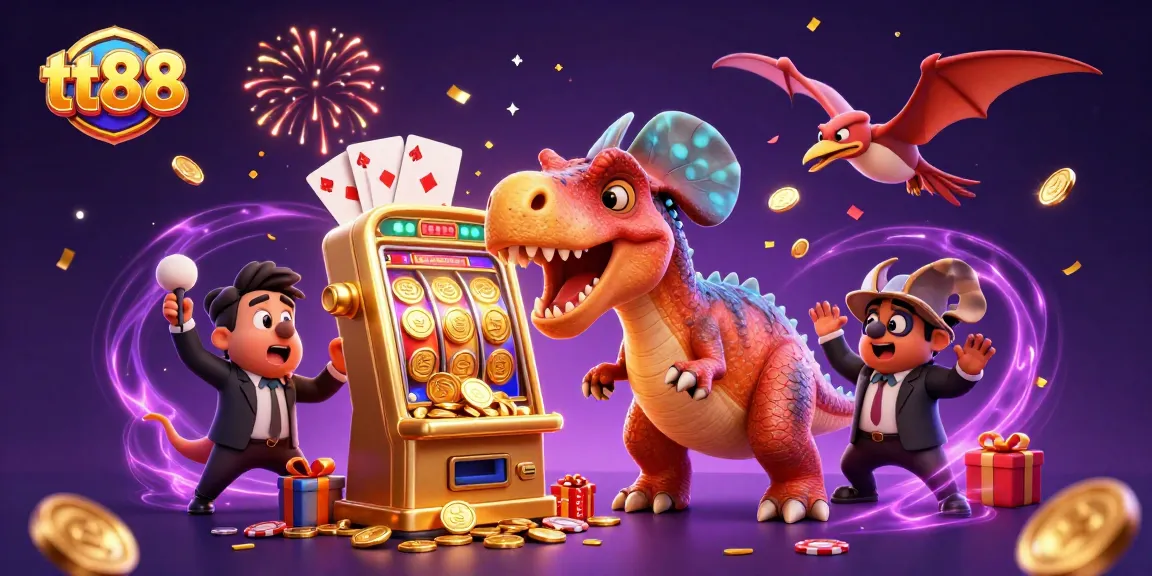 tt88 showcases a playful casino scene with a dinosaur interacting with a slot machine and flying coins.