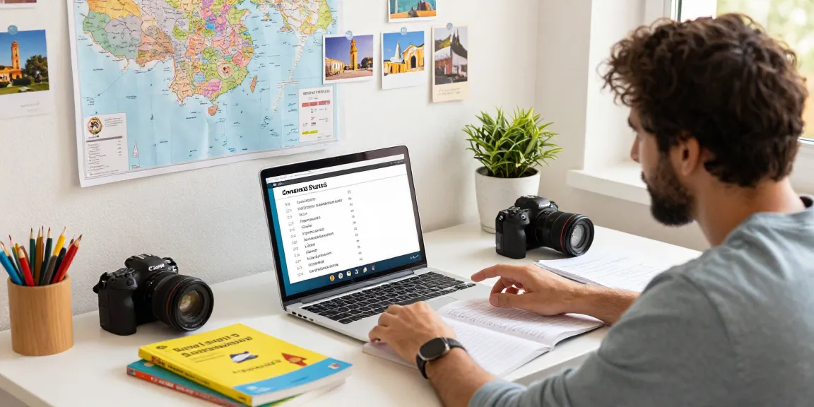 Corsi di spagnolo in Spagna - Sessione di studio online coinvolgente di lingua spagnola con laptop e sfondo di spiaggia.
